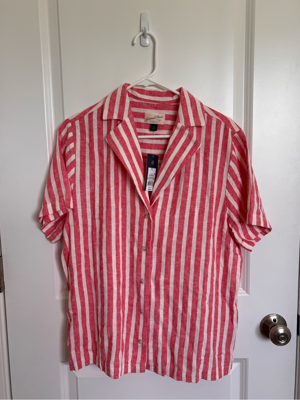Universal Thread Striped Pink and White Short-Sleeve Linen Shirt